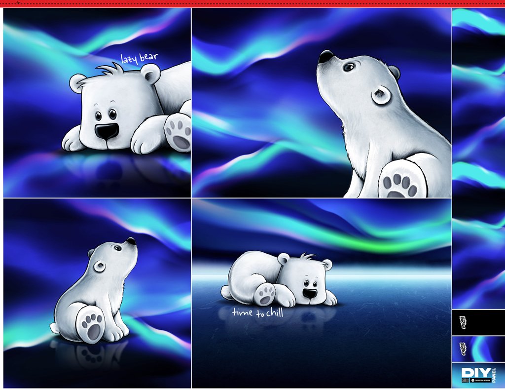 Hochwertiges Samt-Kissenpanel von Thorsten Berger mit Eisbär-Motiven "lazy bear" und "time to chill", Polarlicht-Hintergrund in Blau und Türkis, DIY Panel 105x140cm