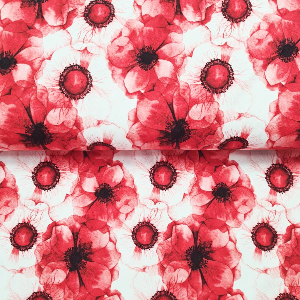 Eigenproduktion - Jersey Stoff - Baumwolljersey - Red Blossom Stoffrest 35cm