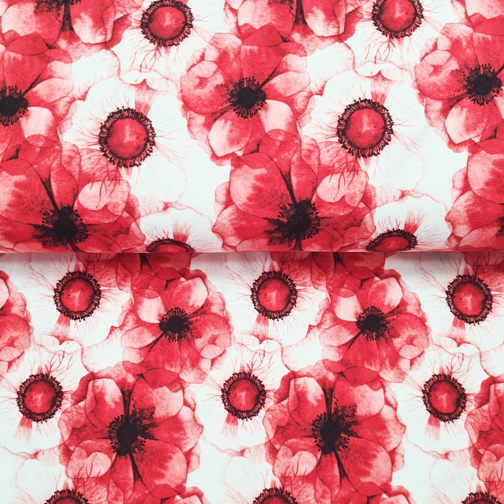 Eigenproduktion - Jersey Stoff - Baumwolljersey - Red Blossom Stoffrest 120cm