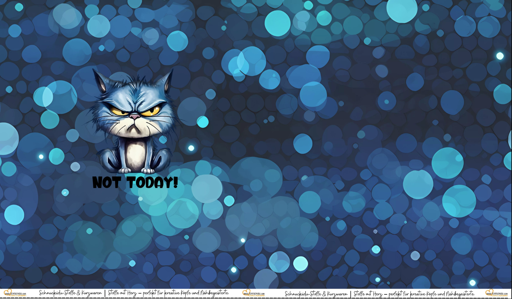 Schnuckidu Eigendesign French Terry Panel Not today Cat mit grimmiger blauer Katze, Schriftzug NOT TODAY! und Bokeh-Lichtpunkte-Muster.