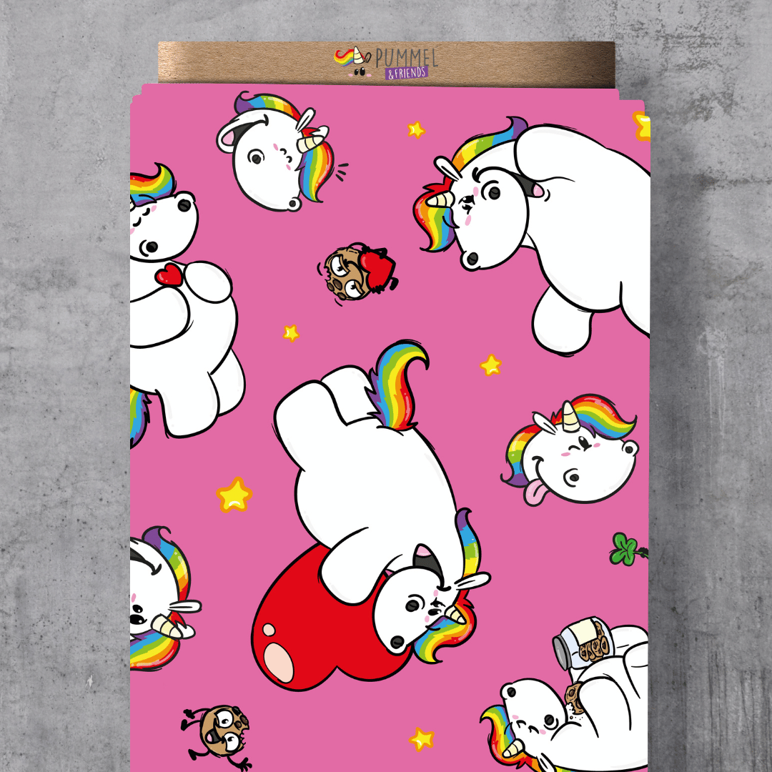 Pummeleinhorn Stoff & Design "Pummel & Norbert" in Rosa – Exklusive Vororder Meterware in 12 Qualitäten, gewerblich nutzbar, Öko-Tex Standard 100.