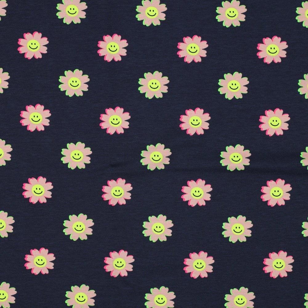 Hochwertiger Motivjersey Happy Neon Flowers mit leuchtenden neonfarbenen Blumen auf schwarzem Grund, elastischer Baumwolljersey, 200g/m², blickdichter Stoff für farbenfrohe Mode
