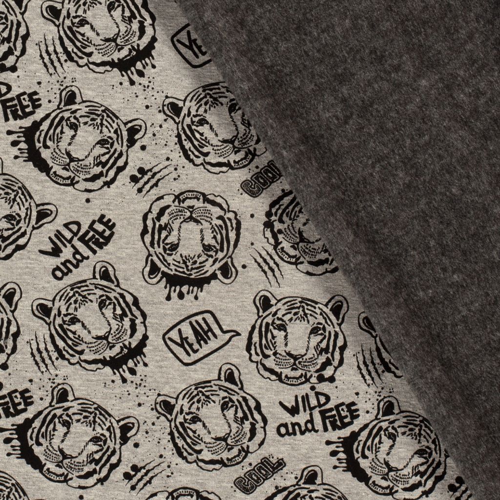 Alpenfleece - Sweat Stoff mit Plüschfell-Abseite - Tiger auf Grau Melange Stoffrest 80cm