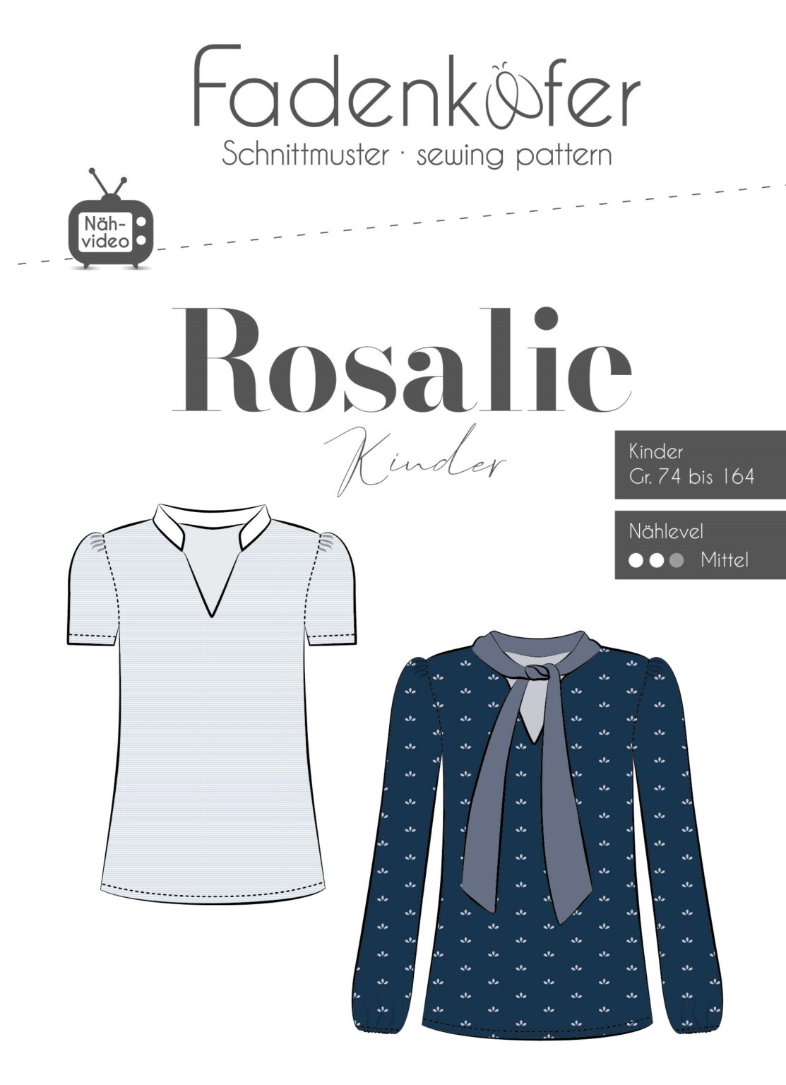 Papierschnittmuster Schluppenbluse Rosalie für Kinder von Fadenkäfer – Inklusive farbigem DinA0-Bogen und bebilderter Anleitung für die Größen 74 bis 164. Elegante Bluse mit Bindeschleife am Hals.