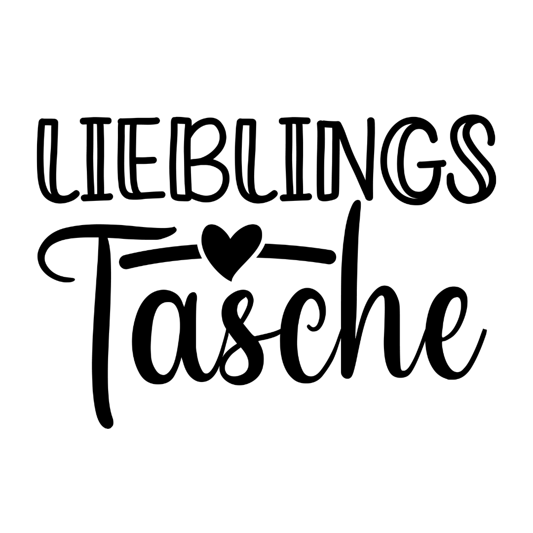 Schwarzer Bügelbild-Schriftzug „Lieblingstasche“ mit einem kleinen Herz in verspielter Typografie.