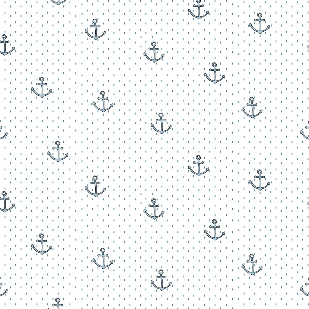 Klassische Baumwoll-Webware mit kleinen hellblauen Ankern und Pünktchen auf weißem Grund, 100% Baumwolle, 130g/m², maritimer Stoff für Bekleidung und Dekoration