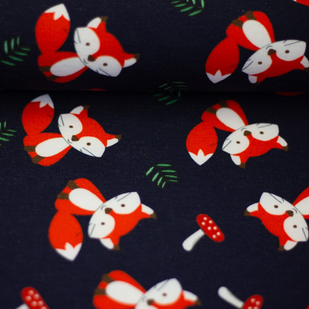 Leicht angerauter Sweat Swafing Cosy mit Fuchs-Motiv auf blauem Hintergrund – 95% Baumwolle, 5% Elasthan, Öko-Tex Standard 100, weicher Kinderstoff