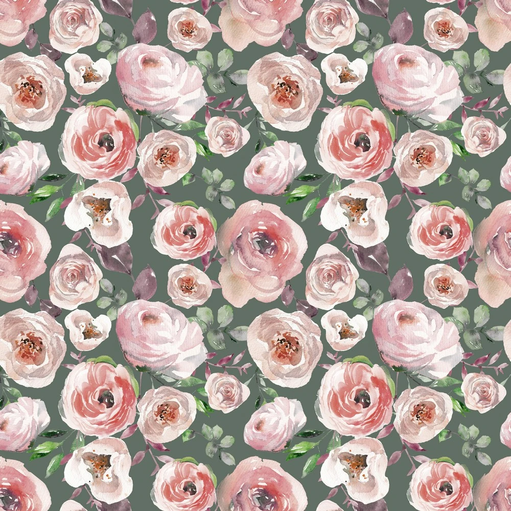 Hochwertiger Motivjersey mit großen Rosen in Natur- und Rosétönen auf altgrünem Grund, elastischer Baumwolljersey, 200g/m², blickdichter Stoff für Kleider und Shirts