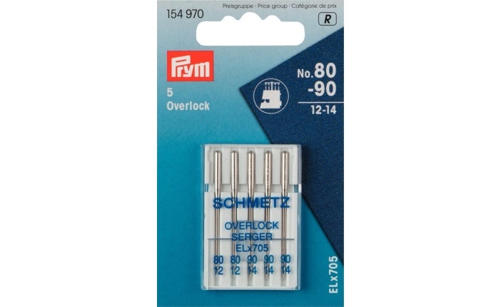PRYM Overlock- und Coverlock-Nähmaschinennadeln Sortiment Stärke 80-90, System ELx705, mit verstärktem Schaft für hohe Stabilität beim Nähen mit hohen Geschwindigkeiten.