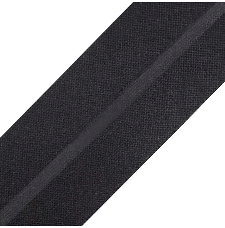 Schwarzes Schrägband aus 100% Baumwolle, 20mm Breite (vorgefalzt), hochwertiges Einfassband für zeitlose Kantenabschlüsse an Kleidung und Accessoires.