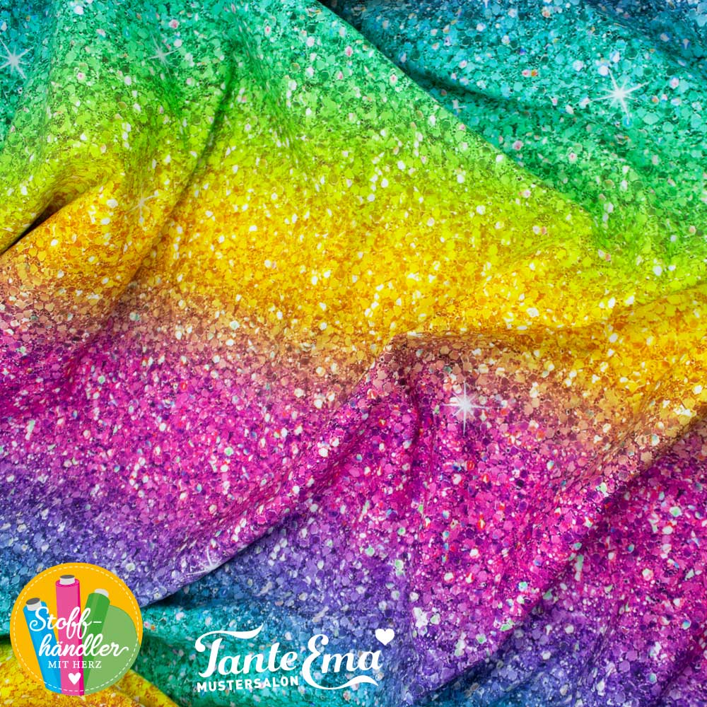 Baumwolljersey - Motivjersey - Tante Ema - Digitaldruck - Paillettenmuster - Regenbogenfarben