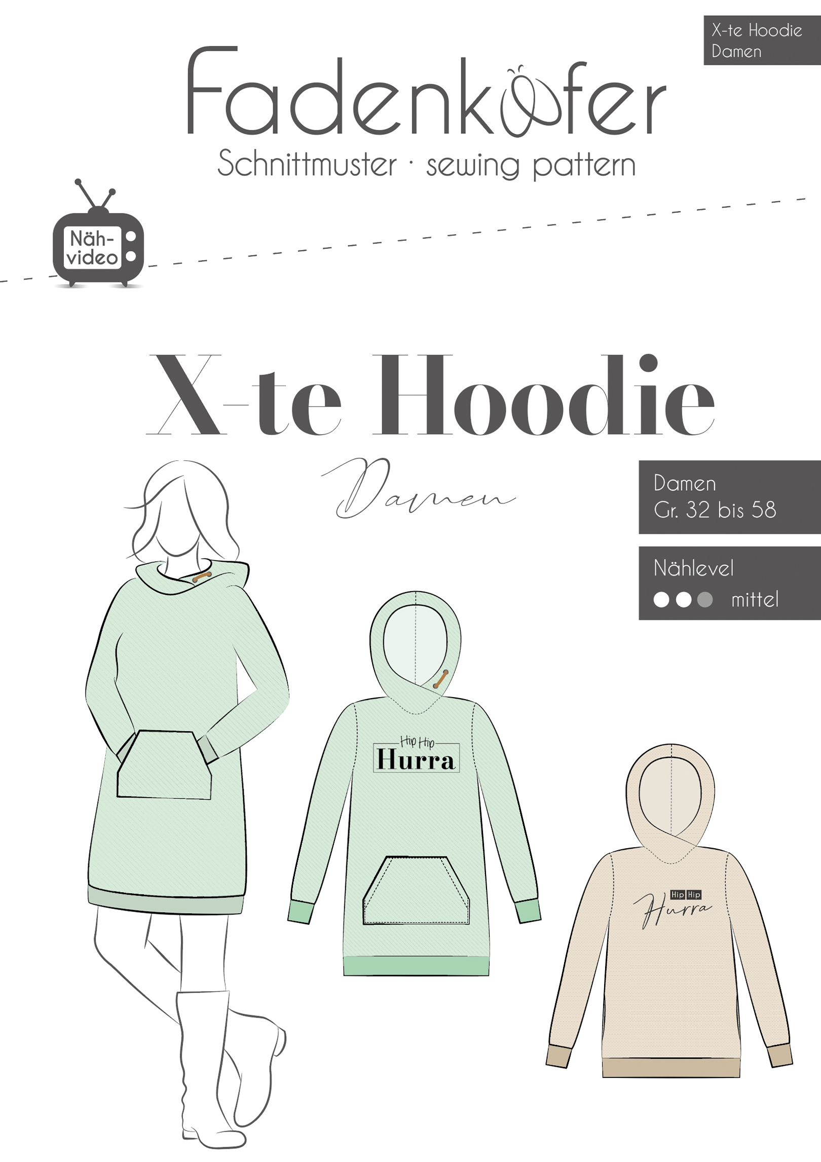 Papierschnittmuster X-Te Hoodie für Damen von Fadenkäfer – Inklusive farbigem DinA0-Bogen und bebilderter Anleitung für die Größen 32 bis 58. Lässiger Kapuzenpullover mit Wickeldetail.