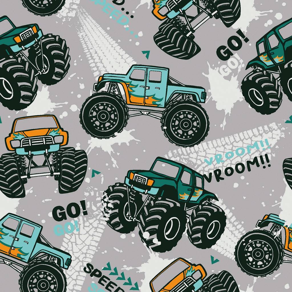 French Terry - Sommersweat - Motiv - Digitaldruck - Monstertrucks auf Grau