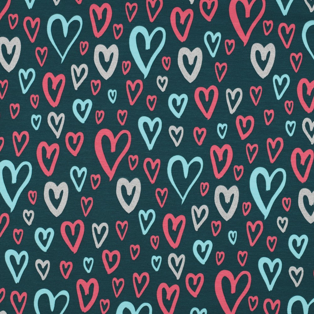 Hochwertiger Motivjersey mit Glitzer-Herzen auf Petrol, elastischer Baumwolljersey mit funkelndem Herz-Print, 200g/m², blickdichter Stoff für Kinder- und Damenbekleidung