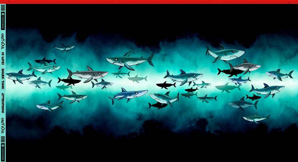 French Terry Panel "Shark Tank" von Thorsten Berger – All-over Design mit vielen kleinen Haien in Blau- und Türkistönen, ca. 85x150cm, 95% Baumwolle, 5% Elasthan, Öko-Tex Standard 100