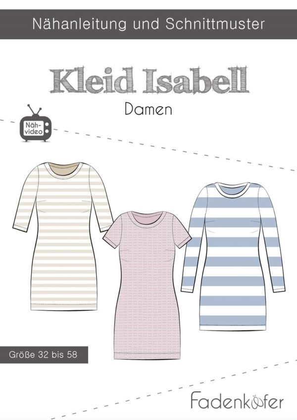 Papierschnittmuster Kleid Isabell für Damen von Fadenkäfer – Inklusive farbigem DinA0-Bogen und bebilderter Anleitung für die Größen 32 bis 58. Schlichtes Basic-Kleid mit verschiedenen Ärmelvarianten.