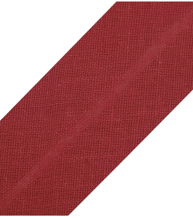 Bordeauxrotes Schrägband aus 100% Baumwolle, 20mm Breite (vorgefalzt), hochwertiges Einfassband für edle Kantenabschlüsse an Kleidung und Heimtextilien.