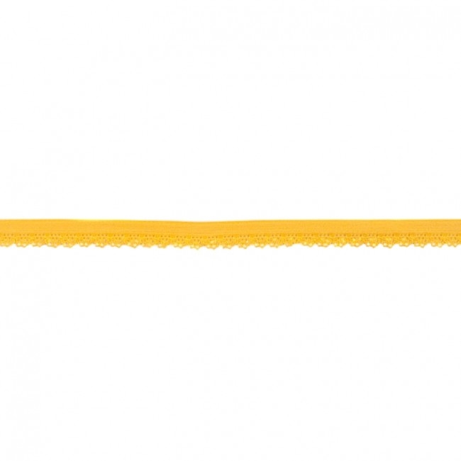 Elastische Spitze in sonnigem Gelb mit dekorativer Bogenkante, 11 mm Breite, hochwertige Mischung mit Lycra, ideal für Lingerie, sommerliche Wäsche-Abschlüsse und fröhliche Akzente.