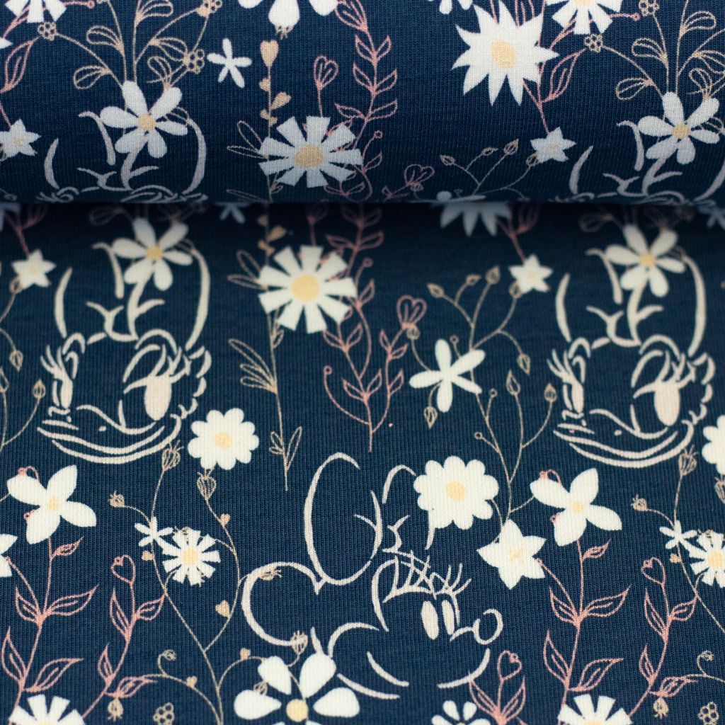 Lizenzierter Swafing Disney Jersey Stoff in Dunkelblau mit filigranen Linien-Motiven von Minnie Mouse und Daisy Duck inmitten von weißen und gelben Blumen, weiche Ballenware