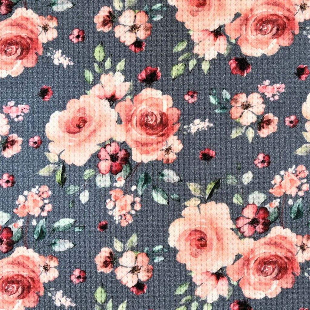 Baumwolljersey - Waffel Jersey - Rosen auf Blau