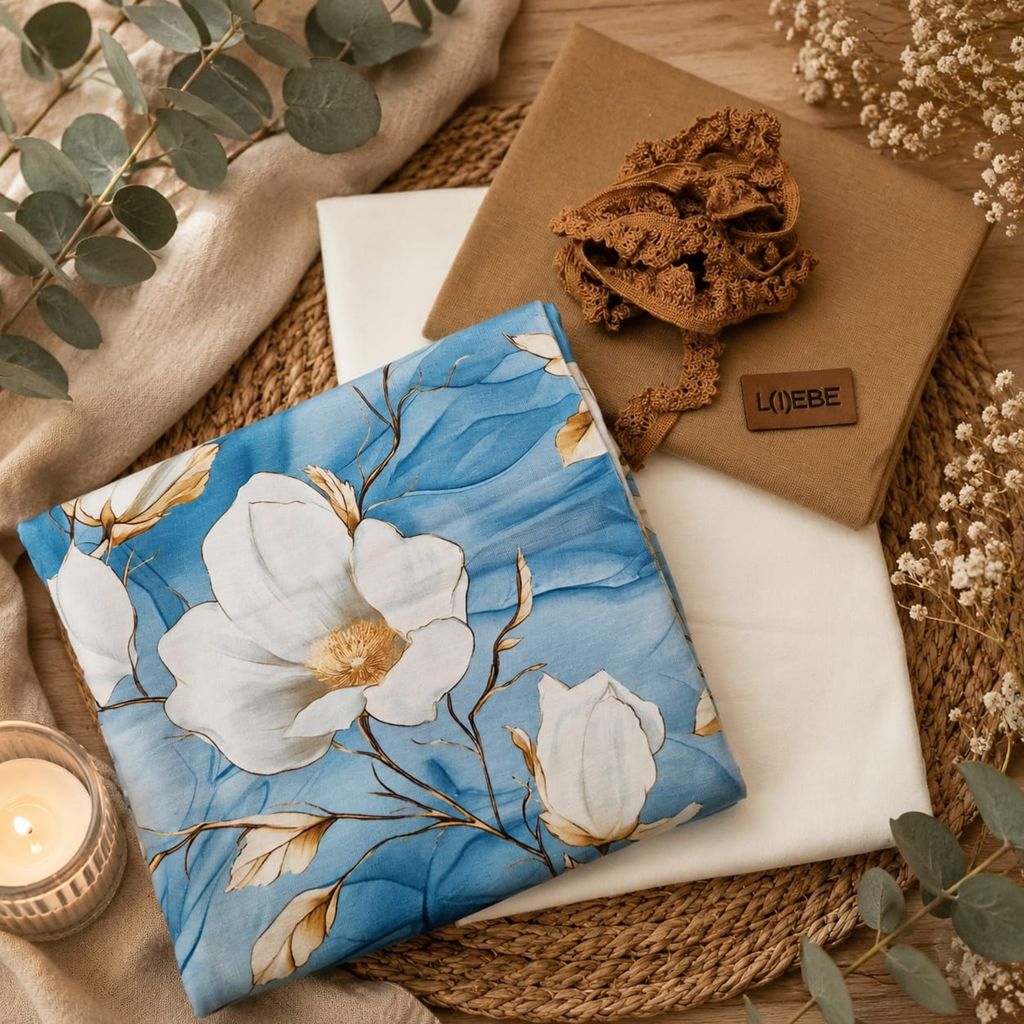 Limitierte Näh-Box mit dem Eigendesign Golden Magnolia auf Motivjersey, passendem Kombi-Jersey, Bündchen, Gummirüsche und Kunstlederlabel.