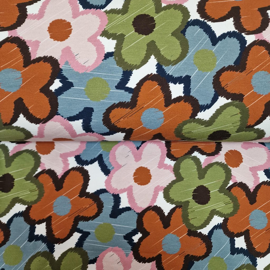 French Terry Sommersweat mit XXL Blumen im Ikat-Stil, bunte florale Muster in Rost, Blau, Grün und Rosa, 92% Baumwolle 8% Elasthan, 250g/m², Meterware