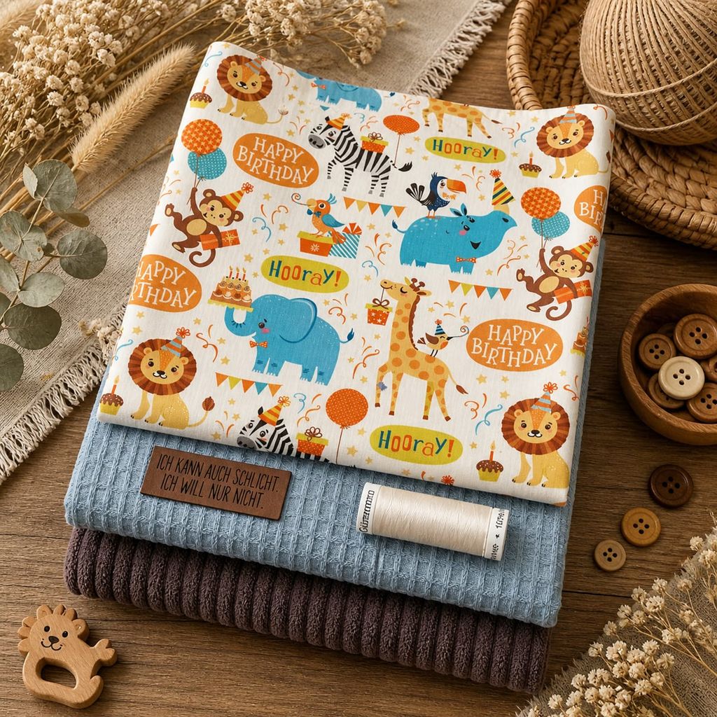 Limitierte Näh-Box "Hooray" mit Party-Tier-Stoff, blauem Waffelpique, braunem Cordstoff, Gütermann Garn und einem Label mit dem Spruch "Ich kann auch schlicht. Ich will nur nicht.