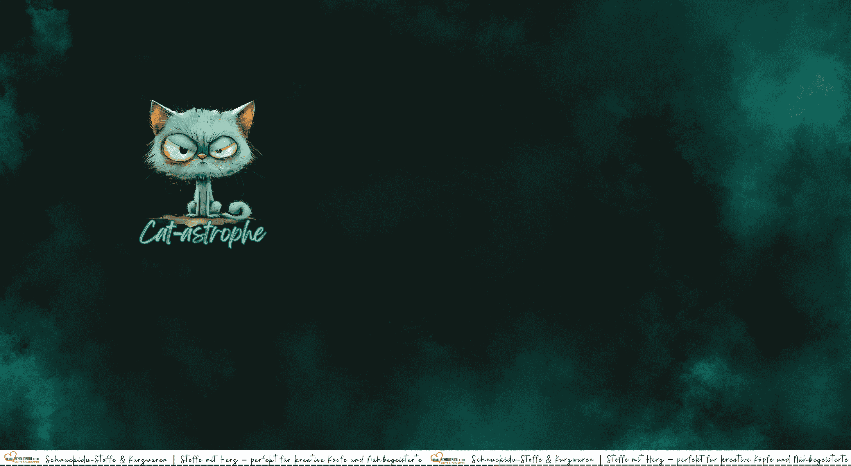 Panel Eigendesign Jersey "Cat-astrophe" mit grimmiger, zerzauster Katze auf dunkelgrün meliertem Grund – ca. 80x155cm, 92% Baumwolle, 8% Elasthan, Öko-Tex Standard 100