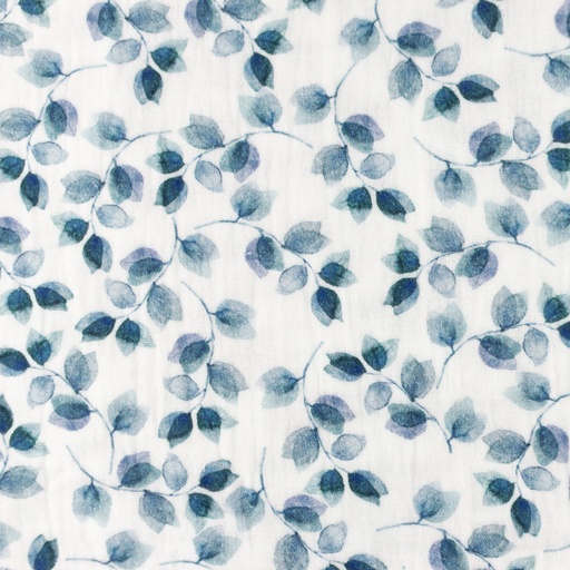 Musselin - Double Gauze - Mullstoff - Blätterranken in Blau auf Weiß