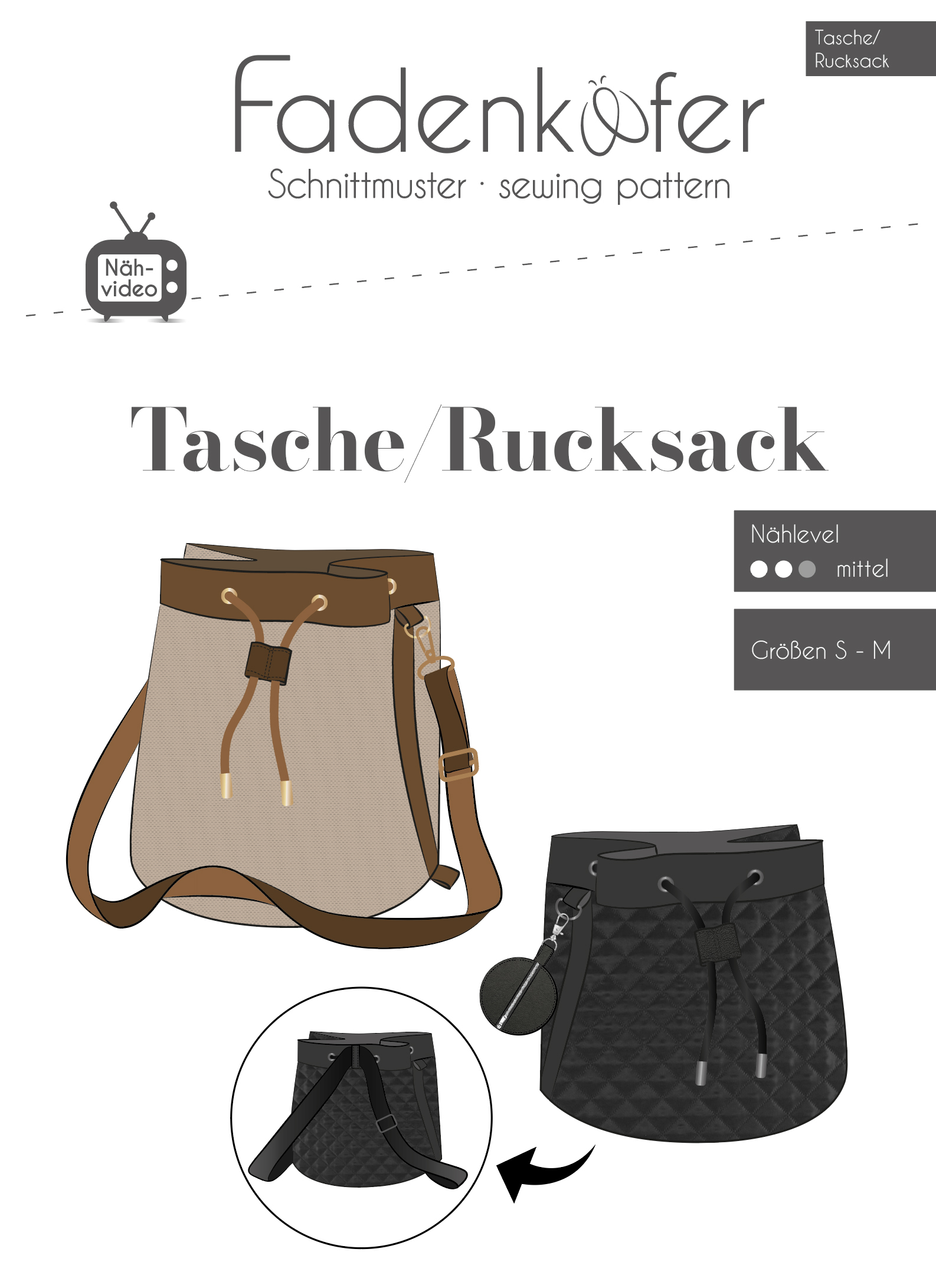Papierschnittmuster für die Tasche-Rucksack-Kombination von Fadenkäfer – Inklusive farbigem DinA0-Bogen und bebilderter Anleitung für eine multifunktionale Tasche.