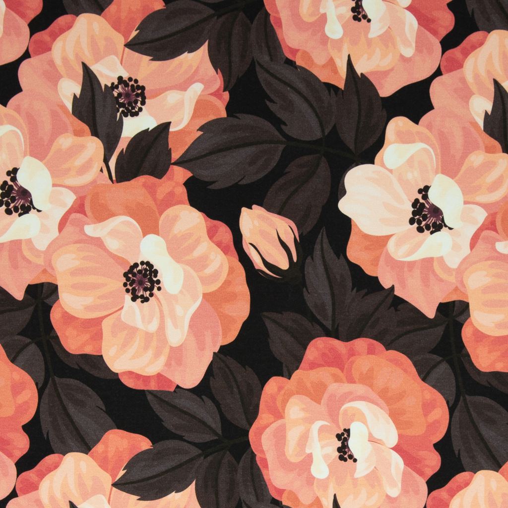 French Terry - Sommersweat Stoff -  Swafing - Melli - Große Blumen in Apricot Stoffrest 80cm