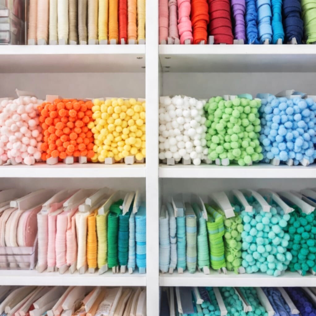 Umfangreiches Nähzubehör-Sortiment mit passenden Garnen, Kordeln und Kurzwaren für Profis und Anfänger.