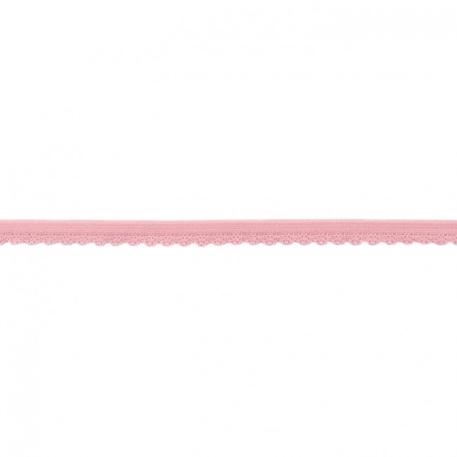 Elastische Spitze mit Bogenkante in Hellrosa, 11 mm Breite, hochwertige Meterware aus Polyester-Lycra-Mix für Lingerie, Unterwäsche und verspielte Abschlüsse.