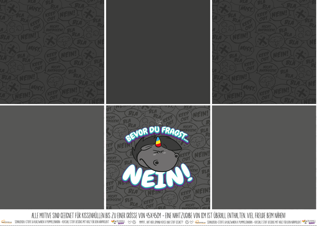 Pummeleinhorn Kissenpanel "NEIN!" aus Canvas – 3 freche Statement-Motive für Kissen bis 45cm, Baumwoll-Webware, exklusive Vororder.