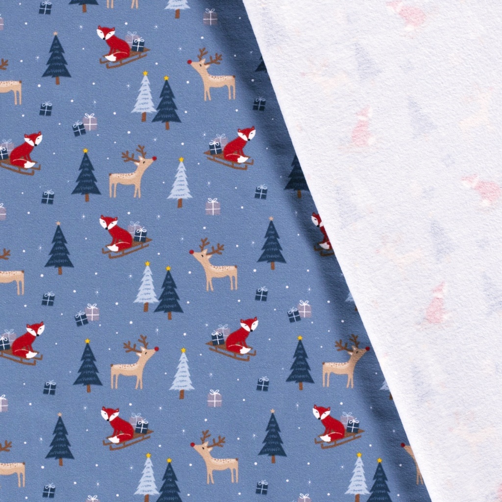 French Terry - leicht angeraut - Motiv Stoff - Weihnachten - Rentiere und Füchse auf Taubenblau Stoffrest 180cm