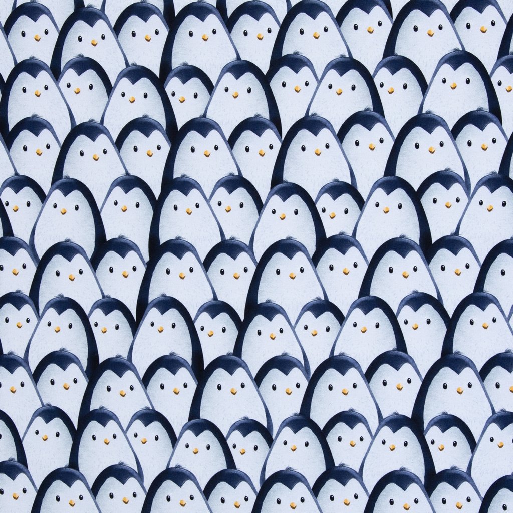 Hochwertiger Sweatstoff als Meterware von Thorsten Berger aus der "On the Rocks" Kollektion, Allover-Print mit einer dichten Pinguin-Gruppe in Hellblau und Navy, Baumwoll-Sweat