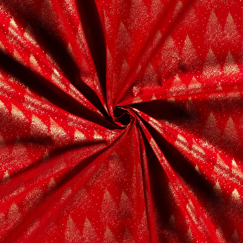 Webware - Baumwoll Stoff - Weihnachten - Goldene Weihnachtsbäume auf Rot