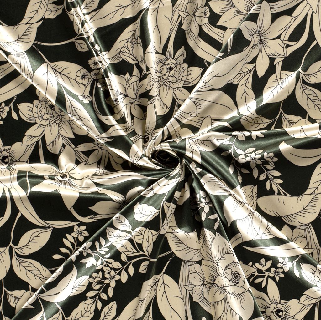 Polyester - Satin - Stoff - Blumenprint auf Grün