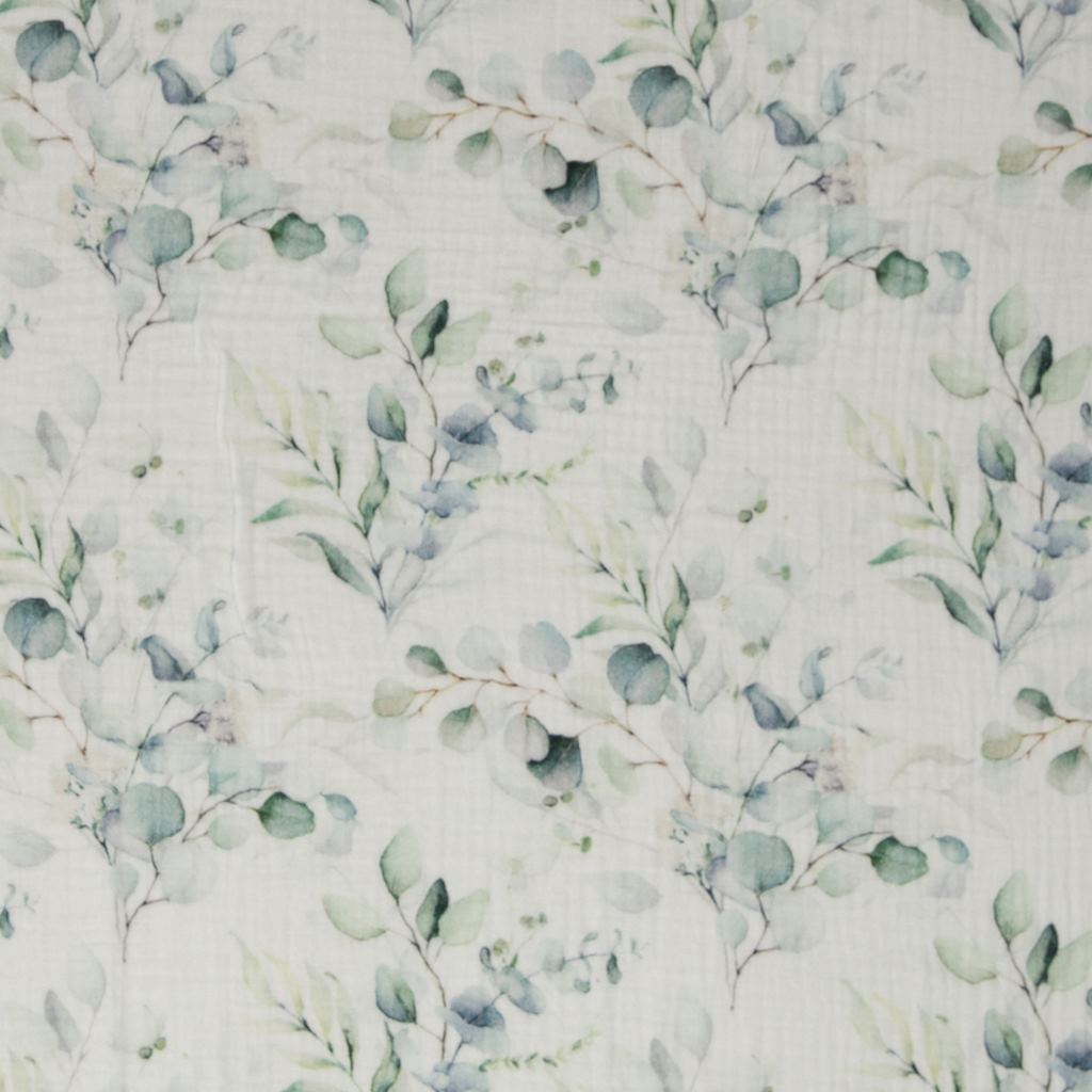 Weicher Musselin Double Gauze Stoff Thea aus 100% Baumwolle mit zarten Eukalyptusblättern in Aquarell-Optik auf hellem Grund, 100g/m² für Sommerkleidung und Baby-Accessoires