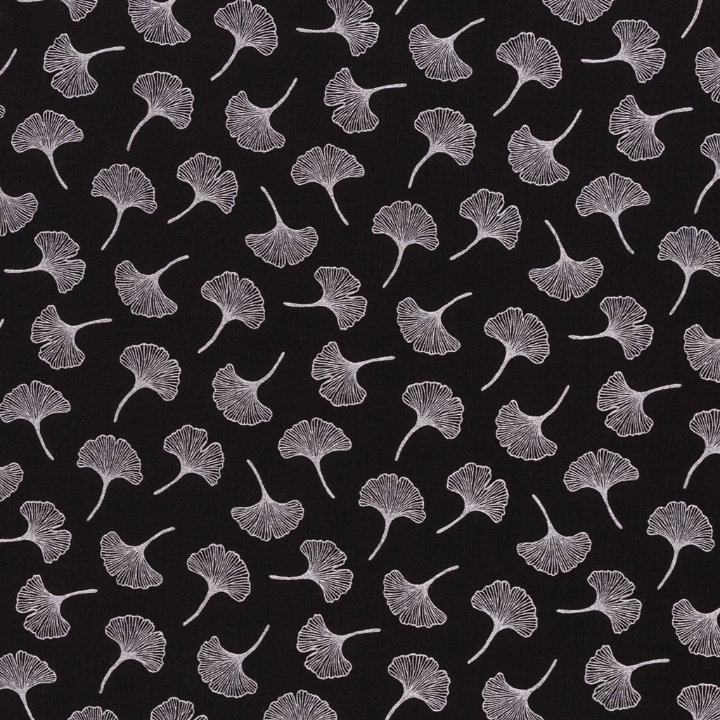 Musselin - Baumwolle - Double Gauze - Swafing - Jeron - Ginkgo auf Schwarz Stoffrest 130cm