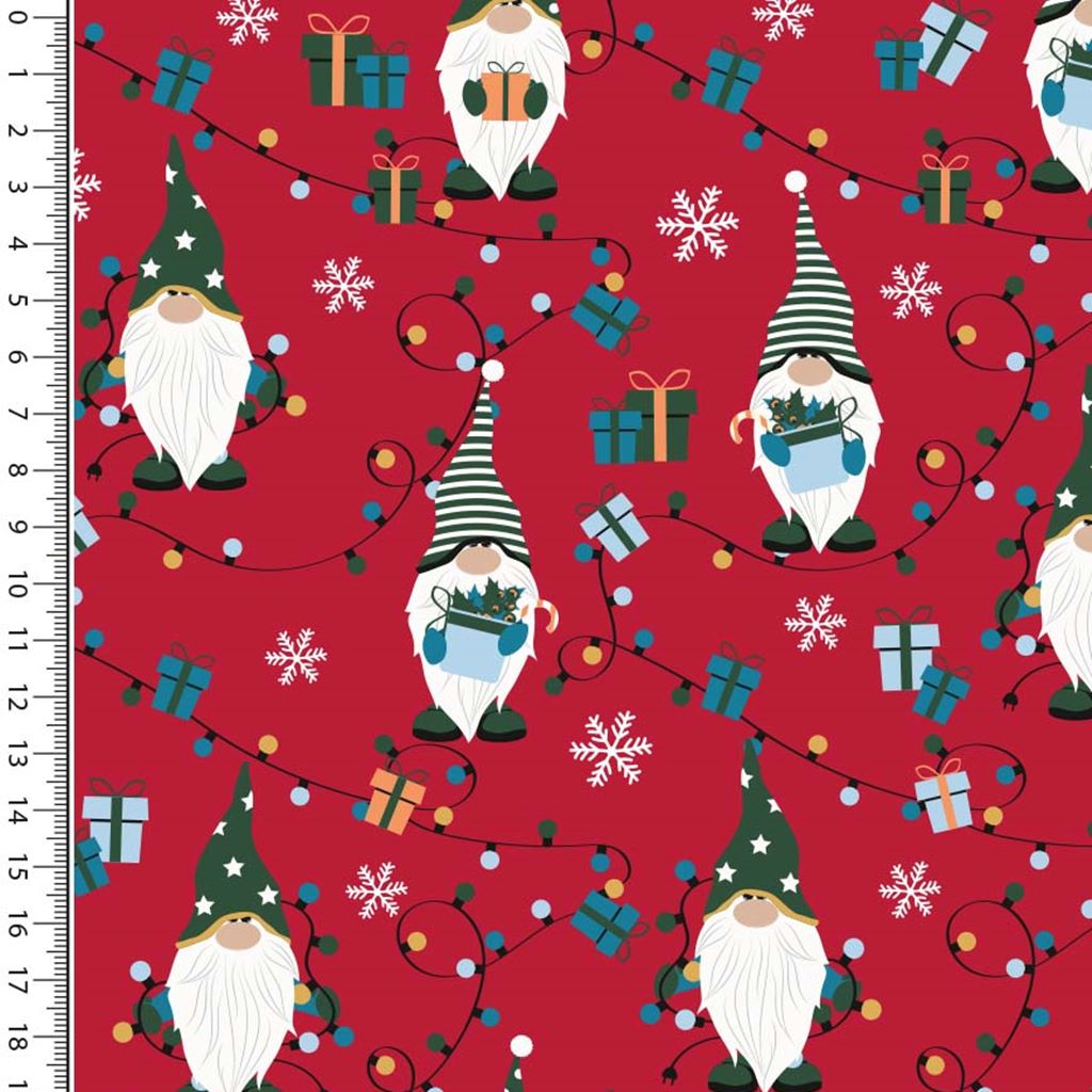 Webware - Baumwolle - Weihnachten - Wichtel mit Lichterkette auf Rot