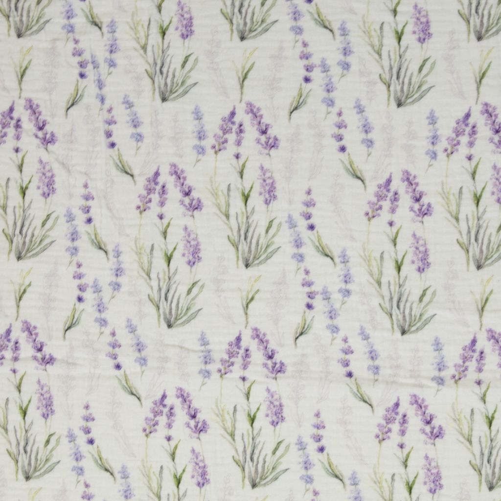 Weicher Musselin Double Gauze Stoff Thea aus 100% Baumwolle mit filigranen Lavendelblüten und grünen Blättern in Aquarell-Optik auf hellem Grund, 100g/m² für sommerliche Kleidung und Deko
