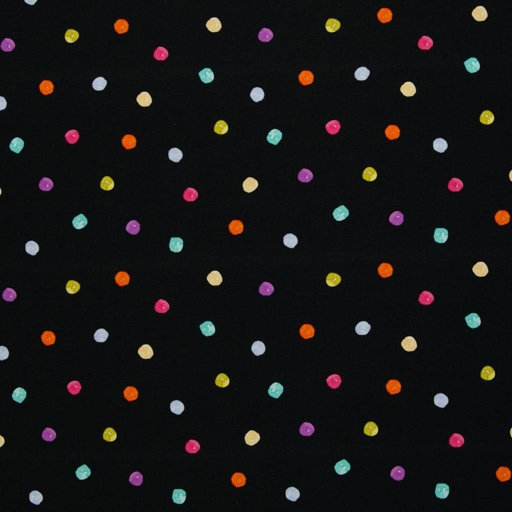 Swafing Baumwolljersey Flower Pop von Hip Som Hap, Design bunte Punkte auf schwarzem Grund, 95% Baumwolle 5% Elasthan, Vorbestellung Juni 2026
