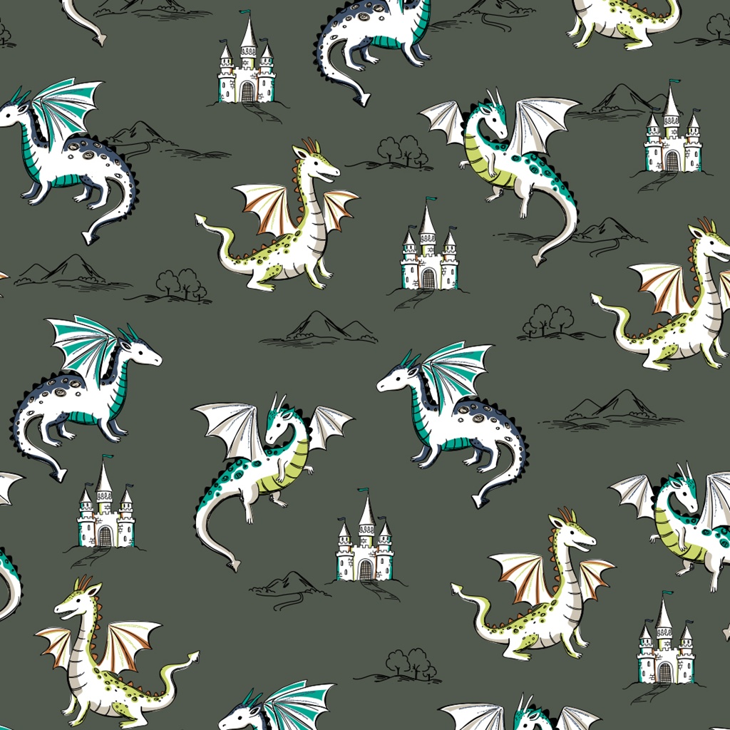French Terry Digitaldruck Drachen auf Army – Sommersweat mit fliegenden Drachen und Schlössern auf olivenem Hintergrung.