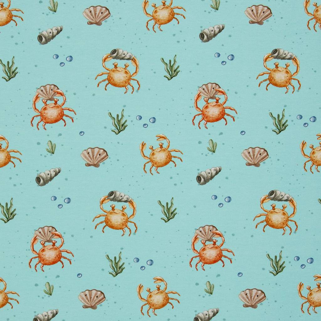Swafing Baumwolljersey Beach von Christiane Zielinski, Design rote Krabben auf mintfarbenem Grund, 95% Baumwolle 5% Elasthan, Vorbestellung Mai 2026
