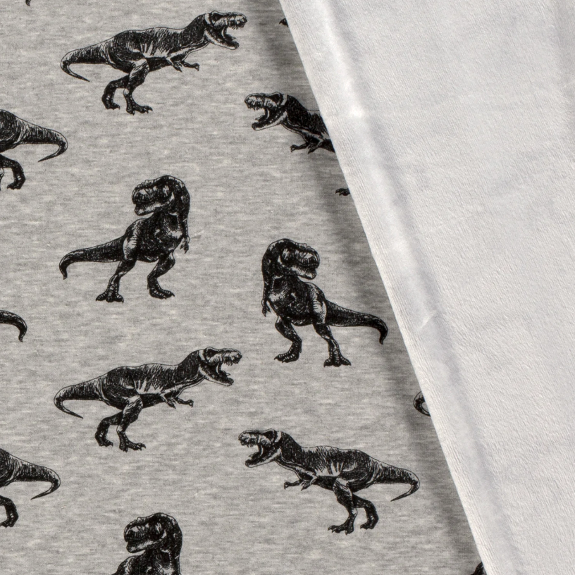 Alpenfleece - Sweat Stoff mit Plüschfell-Abseite - Dinosaurier auf Grau Melange