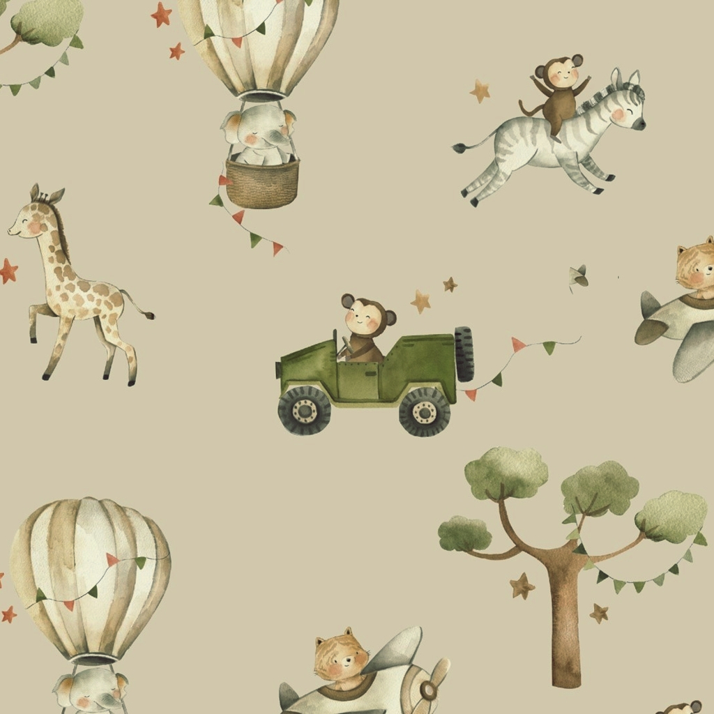 Baumwolljersey - Jersey Stoff - Motivjersey - Digitaldruck - Safari - niedliche Dschungeltiere auf Reisen - Beige Stoffrest 110cm