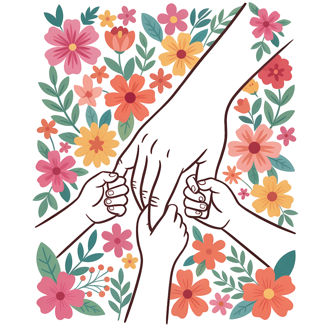 Illustriertes Bügelbild: Eine große Erwachsenenhand hält drei kleine Kinderhände, umgeben von bunten Blumen und grünen Blättern.