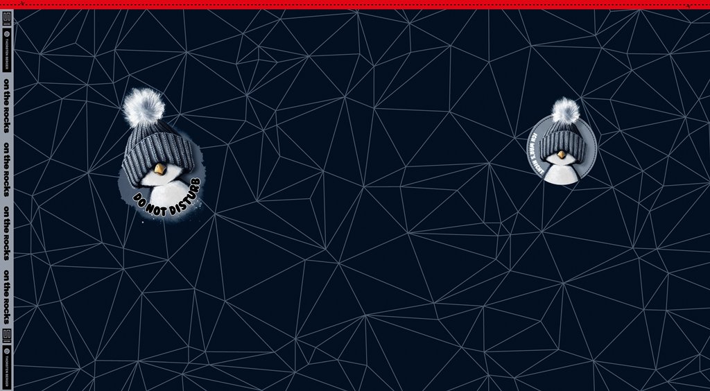 Hochwertiges Sweat-Panel von Thorsten Berger aus der "On the Rocks" Kollektion, Motiv Pinguin mit Strickmütze und "Do Not Disturb" Schriftzug, geometrisches Muster in Dunkelblau, Baumwoll-Sweat 85cm x 150cm