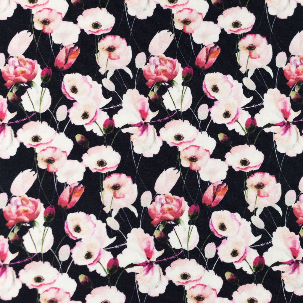 Baumwolljersey - Motivjersey - Mohnblumen auf Navy